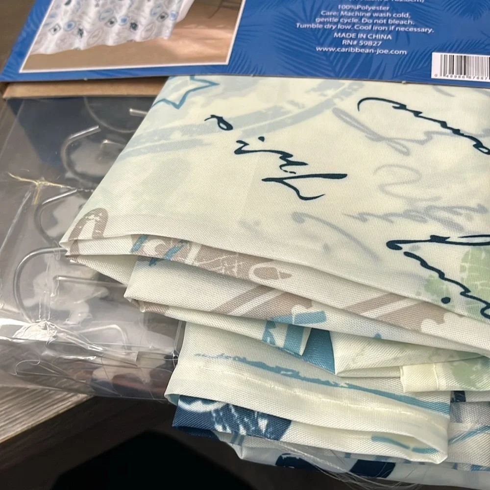 New! Caribbean Joe Blue and White Turtle Shower Curtain Set